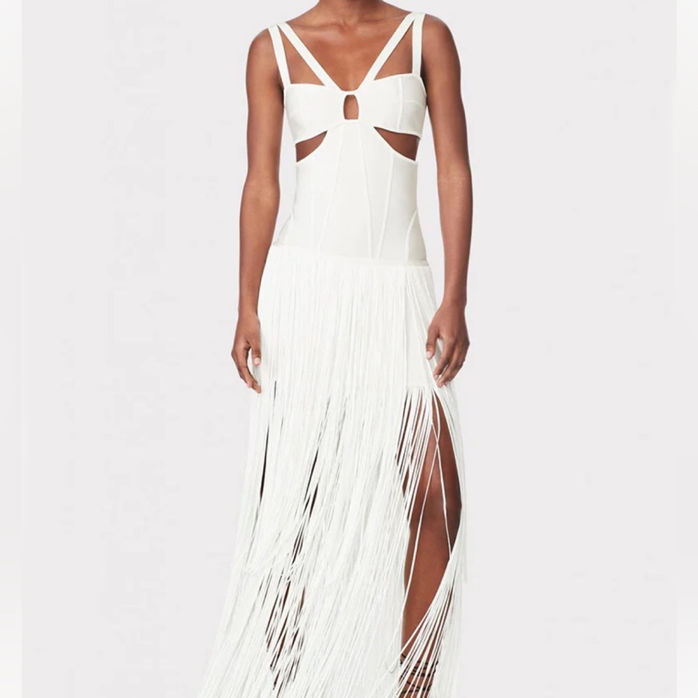Herve Leger Paris cut out dress fringed white.